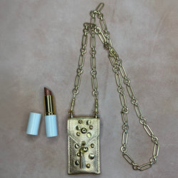 Lipstick pouch on long gold chunky chain. 