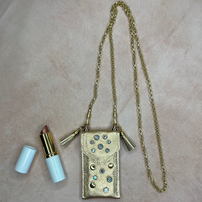 Gold Leather Pouch Necklace with AB Crystals