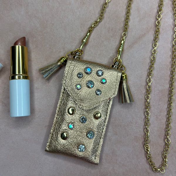 Gold Leather Pouch Necklace with AB Crystals