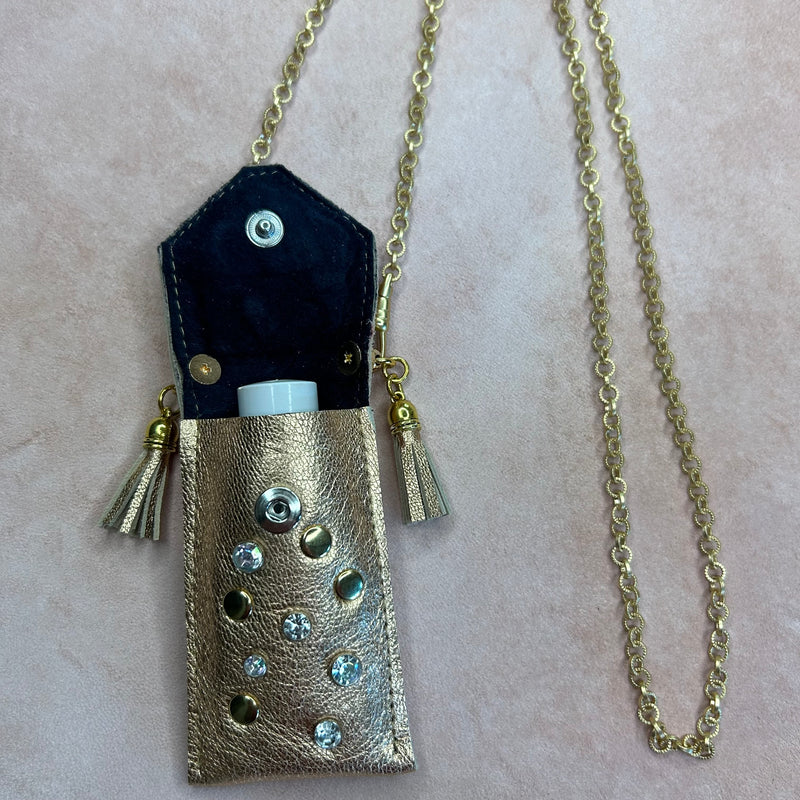 Gold Leather Pouch Necklace with AB Crystals