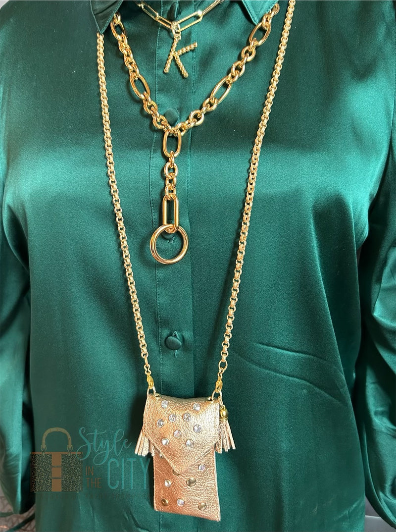 Gold Leather Pouch Necklace with Mixed Studs